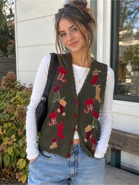 Vintage Holiday Stockings Sweater Vest - Ugly Christmas Sweater